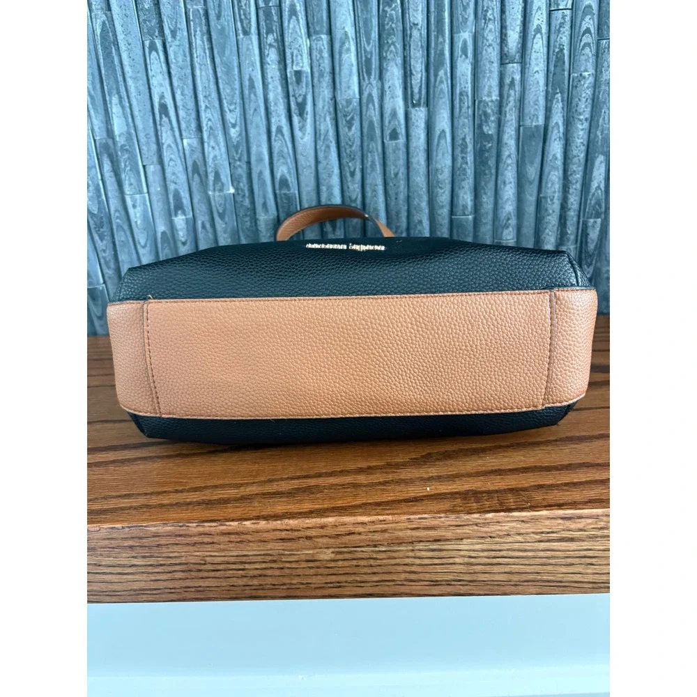 Nanette Lepore Satchel Handbag Black Tan  Pebbled Vegan Leather Gold Hardware